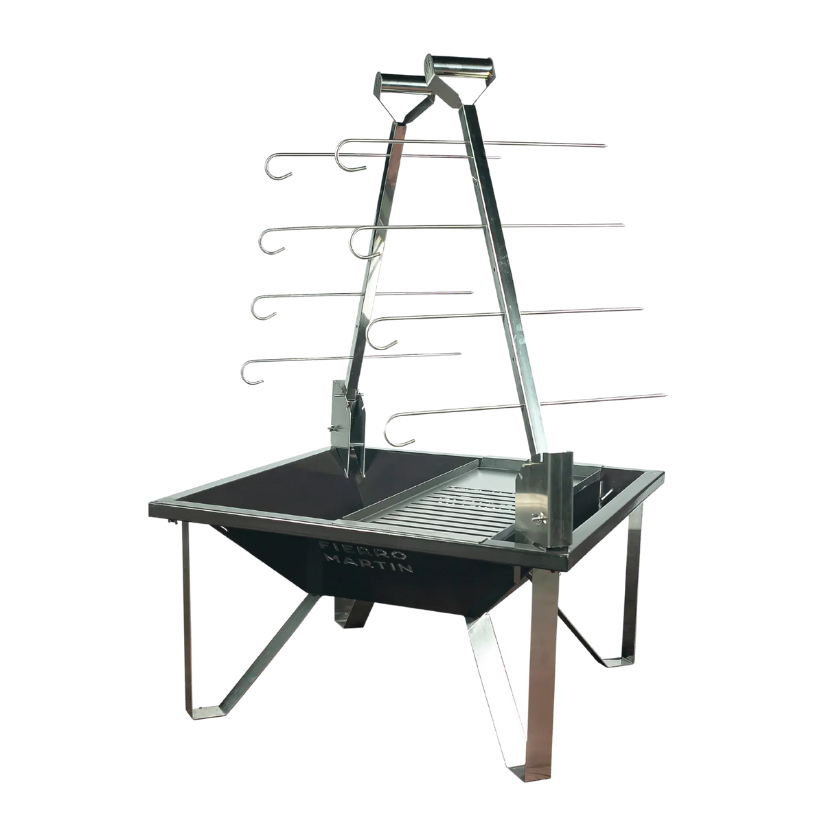 Churrasqueira Fogo de Chão Esmaltada + 2 Estacas + 8 Espetos + Catraca de Elevação e Giro + 1 Grelha + 4 Pés + (Acessórios Todos em Inox)